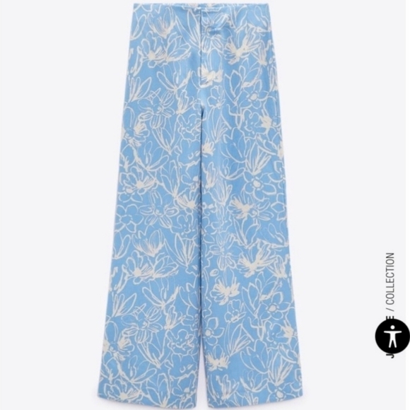 New Zara Full Length Floral Linen Blend High Waisted Blue/White Pants NWT Small - Picture 7 of 15
